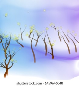 Vector illustration of an abstract fairy forest on a fluid colorful background. Liquid color backdrop consisting of multicolored fluid curves smoothly flowing into each other. Beautiful wavy wallpaper