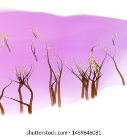 Vector illustration of an abstract fairy forest on a fluid colorful background. Liquid color backdrop consisting of multicolored fluid curves smoothly flowing into each other. Beautiful wavy wallpaper