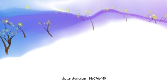 Vector illustration of an abstract fairy forest on a fluid colorful background. Liquid color backdrop consisting of multicolored fluid curves smoothly flowing into each other. Beautiful wavy wallpaper