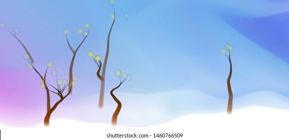 Vector illustration of an abstract fairy forest on a fluid colorful background. Liquid color backdrop consisting of multicolored fluid curves smoothly flowing into each other. Beautiful wavy wallpaper