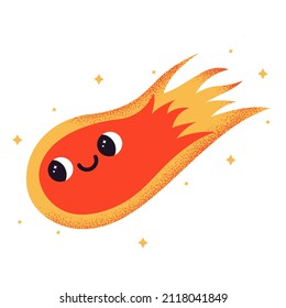 Vector Illustration Of Abstract Falling Comet With Face Expression. Cartoon Cosmic Flame Meteor In Flat Style. Cute Bizarre Asteroid Character With Texture