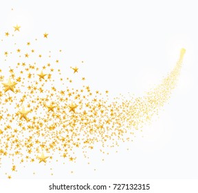 Vector illustration of abstract falling golden stars, dust. Shooting star with rounded trail isolated on white background. Meteor, comet, asteroid