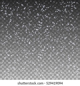 Vector illustration of abstract falling snowflakes. Isolated transparent background. Realistic snow falling. Snowflake object element for winter design.