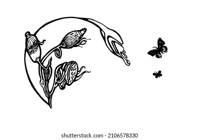 Vector illustration of abstract fantasy flower with butterflies. Black ink hand drawn lines and white elements.                     