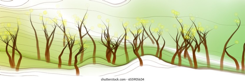 Vector illustration of an abstract fantasy forest on a wavy colorful background