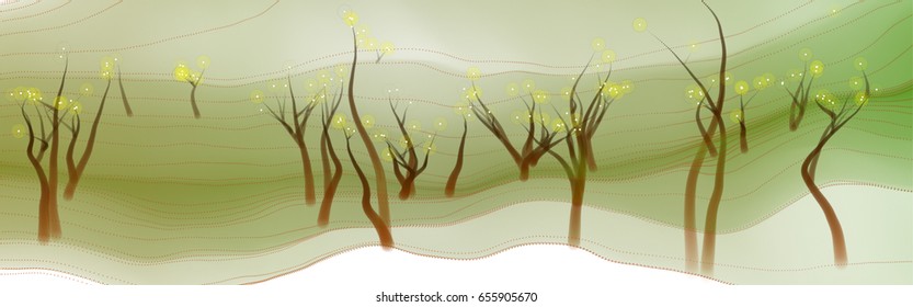 Vector illustration of an abstract fantasy forest on a wavy colorful background