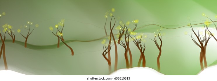 Vector illustration of an abstract fantasy forest on a wavy colorful background