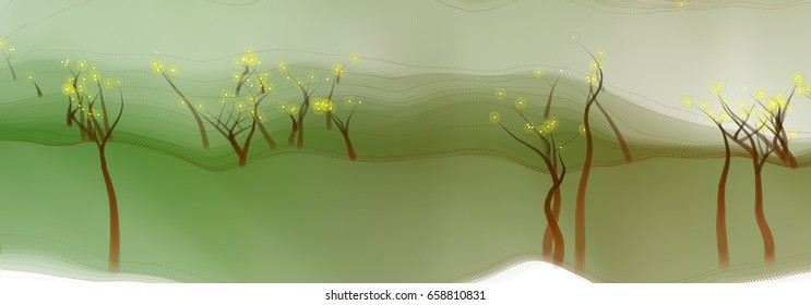 Vector illustration of an abstract fantasy forest on a wavy colorful background