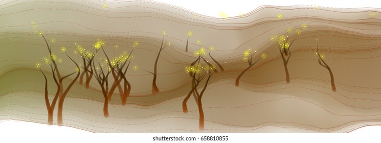 Vector illustration of an abstract fantasy forest on a wavy colorful background