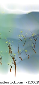Vector illustration of an abstract fantasy forest on a wavy colorful background