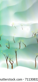 Vector illustration of an abstract fantasy forest on a wavy colorful background