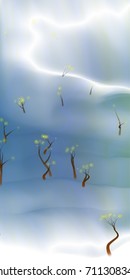 Vector illustration of an abstract fantasy forest on a wavy colorful background