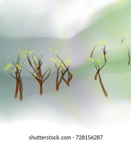Vector illustration of an abstract fantasy forest on a wavy colorful background