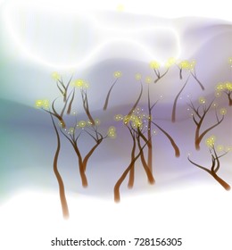 Vector illustration of an abstract fantasy forest on a wavy colorful background