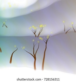 Vector illustration of an abstract fantasy forest on a wavy colorful background