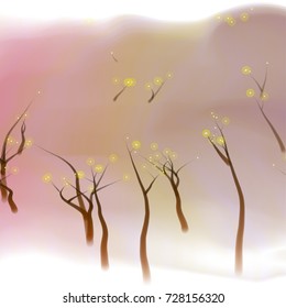 Vector illustration of an abstract fantasy forest on a wavy colorful background