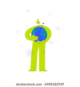 Vector illustration of an abstract female character holding earth. Nature, global protection, environment and earth day concept. Standing woman hugging the blue planet. 