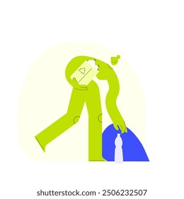 Vector illustration of an abstract female character collecting plastic trash. Nature, global pollution, environment and waste separation concept. Standing woman hugging the blue planet. 
