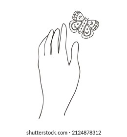 Vector illustration with abstract female hand and flying moth in minimalistic linear style. Hand drawn boho feminine fingers, butterfly for logo, cosmetic, beauty, tattoo, spa, manicure, jewelry store