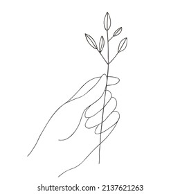 Vector illustration with abstract female hand and branch in minimalistic linear style. Hand drawn boho feminine fingers, sprig for logo, cosmetic, beauty, tattoo, spa, manicure, jewelry store