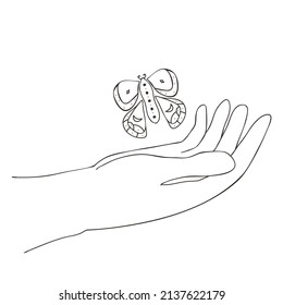 Vector illustration with abstract female hand and flying  butterfly in minimalistic linear style. Hand drawn boho feminine fingers,moth for logo, cosmetic, beauty, tattoo, spa, manicure, jewelry store