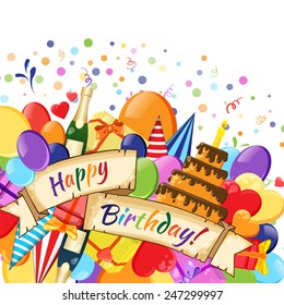 Vector Illustration of an Abstract Festive Celebration Happy Birthday background with holiday icons and objects. 