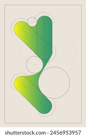 Vector illustration. Abstract figure curved shapes, surrounded by dashed lines and circles. Minimalist graphic design. Concept of real estate and architecture, education material.