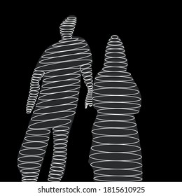 Vector illustration abstract figure of a man and a woman made of eclipses white on black with space for runaround or wraparound text 