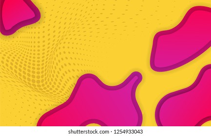 Vector illustration of abstract figures of bright liquid modern shapes on yellow background with pink colors. Dynamical forms and line abstract banners with flowing fluid organic shapes.
