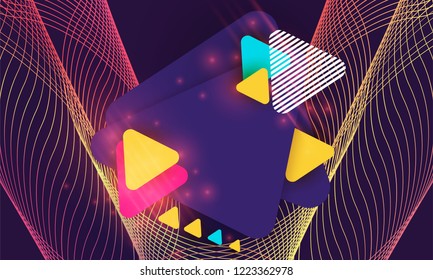 	
Vector illustration of abstract figures of multicolored triangles modern dynamic geometric background on dark background with neon colors.  poster for sports playing