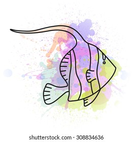 Vector Illustration of an Abstract Fish Icon with Watercolor Elements