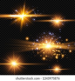 Vector illustration of abstract flare light rays. A set of stars, light and radiance, rays and brightness. Glow light effect. Vector illustration. Christmas flash Concept.