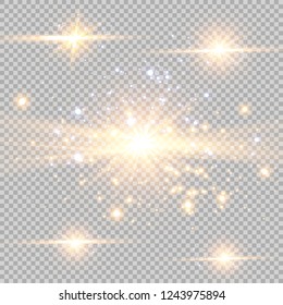 Vector illustration of abstract flare light rays. A set of stars, light and radiance, rays and brightness. Glow light effect. Vector illustration. Christmas flash Concept.