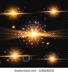 Vector illustration of abstract flare light rays. A set of stars, light and radiance, rays and brightness. Glow light effect. Vector illustration. Christmas flash Concept.