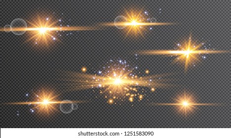 Vector illustration of abstract flare light rays. A set of stars, light and radiance, rays and brightness.