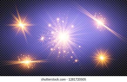 Vector illustration of abstract flare light rays. A set of stars, light and radiance, rays and brightness.