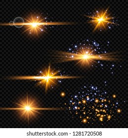 Vector illustration of abstract flare light rays. A set of stars, light and radiance, rays and brightness.