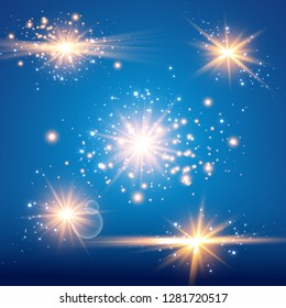 Vector illustration of abstract flare light rays. A set of stars, light and radiance, rays and brightness.