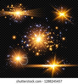Vector illustration of abstract flare light rays. A set of stars, light and radiance, rays and brightness. Glow light effect. Vector illustration. Christmas flash Concept.