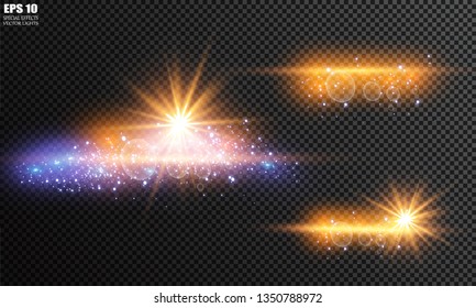 Vector illustration of abstract flare light rays. A set of stars, light and radiance, rays and brightness. Glow light effect. Vector illustration. Christmas flash Concept