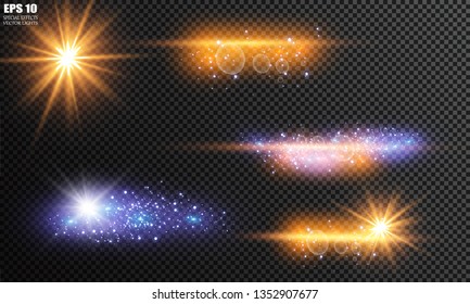 Vector illustration of abstract flare light rays. A set of stars, light and radiance, rays and brightness. Glow light effect. Vector illustration. Christmas flash Concept