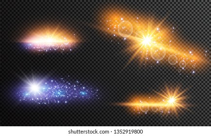 Vector illustration of abstract flare light rays. A set of stars, light and radiance, rays and brightness. Glow light effect. Vector illustration. Christmas flash Concept
