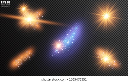 Vector illustration of abstract flare light rays. A set of stars, light and radiance, rays and brightness. Glow light effect. Vector illustration. Christmas flash Concept