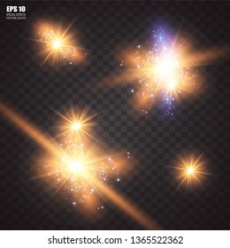 Vector illustration of abstract flare light rays. A set of stars, light and radiance, rays and brightness. Glow light effect. Vector illustration. Christmas flash Concept