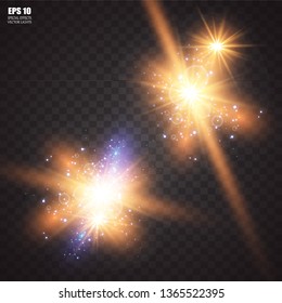 Vector illustration of abstract flare light rays. A set of stars, light and radiance, rays and brightness. Glow light effect. Vector illustration. Christmas flash Concept