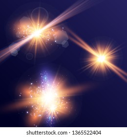 Vector illustration of abstract flare light rays. A set of stars, light and radiance, rays and brightness. Glow light effect. Vector illustration. Christmas flash Concept