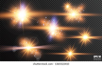 Vector illustration of abstract flare light rays. A set of stars, light and radiance, rays and brightness. Glow light effect. Vector illustration. Christmas flash Concept