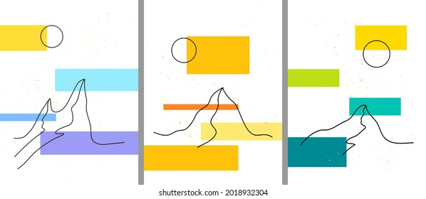 Vector illustration. Abstract flat background set. Design for poster, postcard, invitation card, flyer, brochure, book cover. Cartoon flat style. Linear mountain and vibrant color rectangle pattern