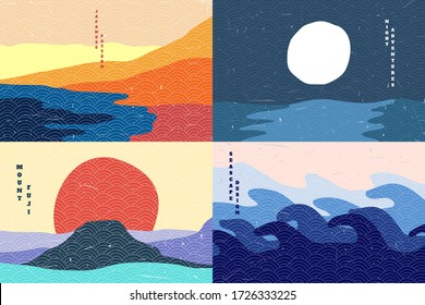 Vector illustration. Abstract flat minimalist design landscape set. Mount Fuji, desert, sea, moon at night. Old paper with scratches effect. Hand drawn Japanese pattern. Vintage nature graphic