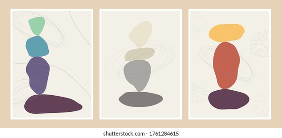 Vector illustration. Abstract flat shapes. Design for book cover, poster, brochure, magazine. Concept of stone balancing. Vintage style. Old fashion. Retro wallpaper style